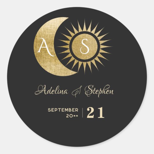 Chique Celestial Zwart Goud Zon Maan Monogram Cres Ronde Sticker (Voorkant)
