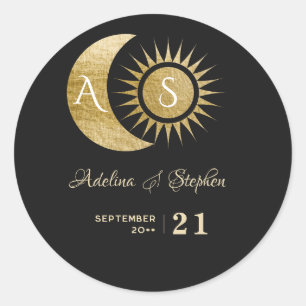 Chique Celestial Zwart Goud Zon Maan Monogram Cres Ronde Sticker