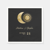 Chique Celestial Zwart Goud Zon Maan Monogram Cres Servet (Voorkant)