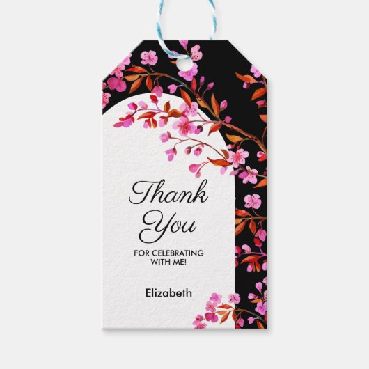 Chique Cherry Blossom Sakura Zwart Wit Verjaardag Cadeaulabel (Voorkant)