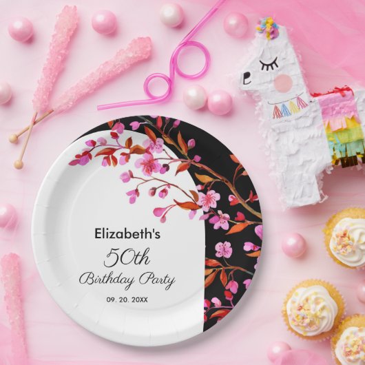 Chique Cherry Blossom Sakura Zwart Wit Verjaardag Papieren Bordje (Feest)