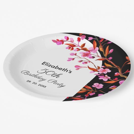 Chique Cherry Blossom Sakura Zwart Wit Verjaardag Papieren Bordje (Gekanteld)