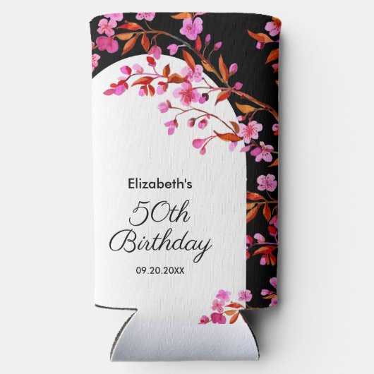 Chique Cherry Blossom Sakura Zwart Wit Verjaardag Seltzer Blikjeskoeler (Achterkant)