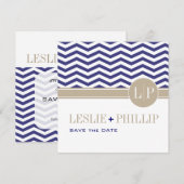Chique Chevron Monogram Save the Date | marineblau (Voorkant / Achterkant)