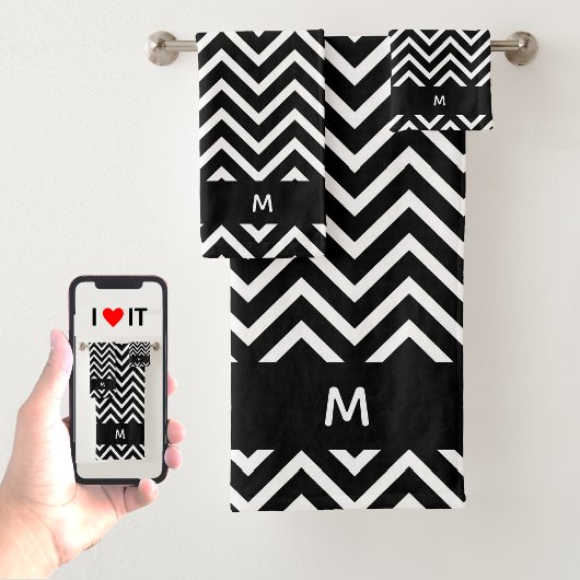 Chique Chevron Patroon op Zwarte Witte Monogram Bad Handdoek