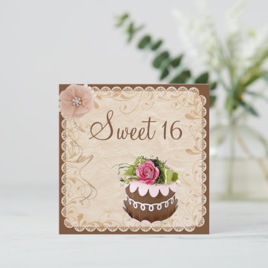 Chique Chocolade Cake & Diamonds Roos Sweet 16 Kaart (Staand voorkant)