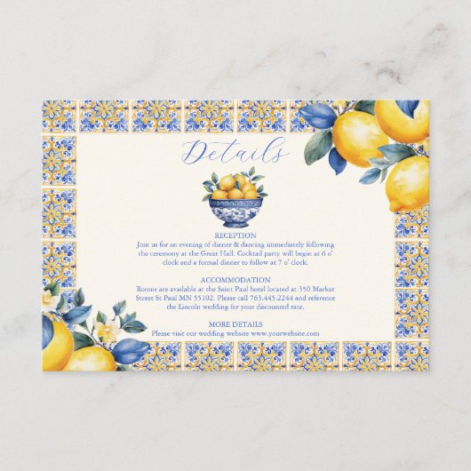 Chique citroen bloemengroen mediterrane bruiloft informatiekaartje (Voorkant)