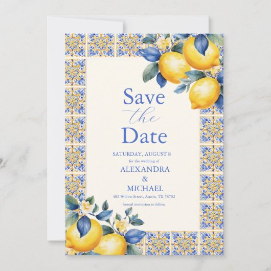 Chique citroen bloemengroen mediterrane bruiloft save the date (Voorkant)