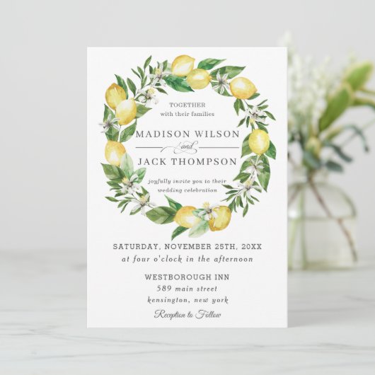 Chique citroen groen bloemenkrans bruiloft kaart (Staand voorkant)