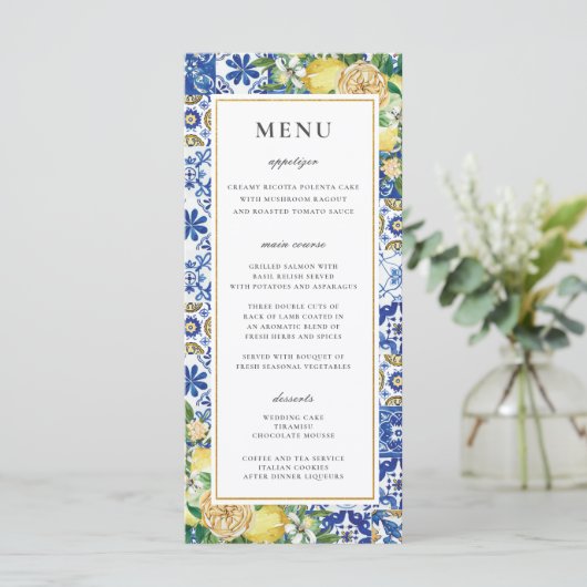 Chique citroenen bloemengroen mozaïek bruiloft men programmakaart (Staand voorkant)