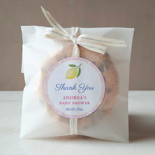 Chique citroenen roze witte meisje babyshower favo ronde sticker