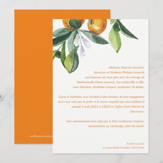 Chique Citrus Sinaasappel Botanische Boho Bruiloft Kaart (Voorkant / Achterkant)