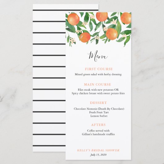 Chique Citrus Sinaasappel Houtskool Vrijgezellenfe Menu (Voorkant / Achterkant)