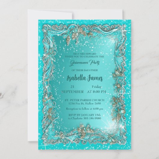 Chique classy luxe turquoise zilver 15e verjaardag kaart (Achterkant)