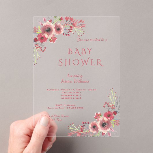 Chique Classy Rood Bloemen Waterverf Baby shower Acryl Uitnodigingen (Insitu (Draagbaar))