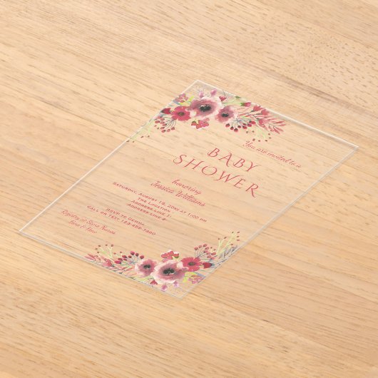 Chique Classy Rood Bloemen Waterverf Baby shower Acryl Uitnodigingen (Laagn)