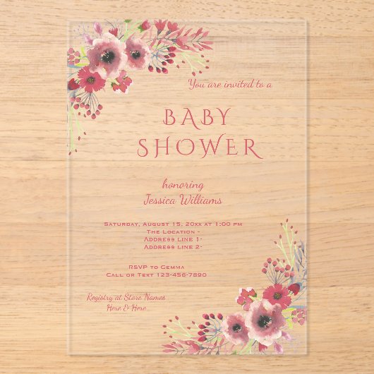 Chique Classy Rood Bloemen Waterverf Baby shower Acryl Uitnodigingen (Voorkant)