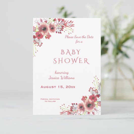 Chique Classy Rood Bloemen Waterverf Baby shower Save The Date (Staand voorkant)