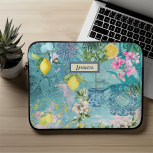 Chique collage blauw turquoise Siciliaanse citrus Laptop Sleeve