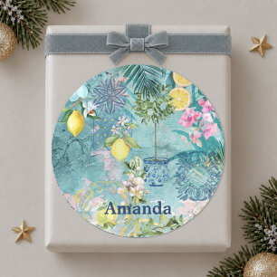 Chique collage blauwe turquoise Siciliaanse citrus Ronde Sticker