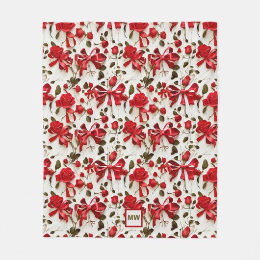 Chique coquette rode rozen en bogen monogram fleece deken (Voorkant)