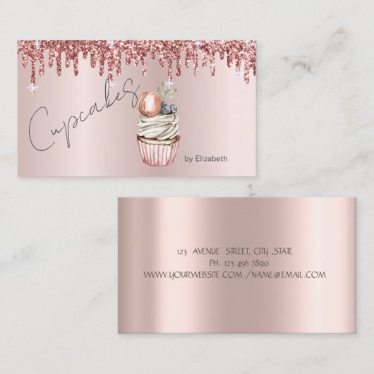 Chique Cupcakes Macaroon Roos Gouden Drips Visitekaartje (Voorkant / Achterkant)