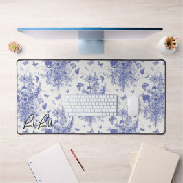 Chique Custom Name Blauw & Wit Bloemen Toile Bureaumat