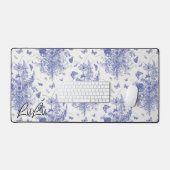 Chique Custom Name Blauw & Wit Bloemen Toile Bureaumat (Keyboard & Muis)