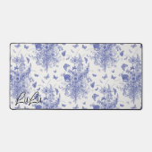 Chique Custom Name Blauw & Wit Bloemen Toile Bureaumat (Voorkant)