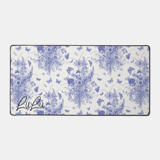 Chique Custom Name Blauw & Wit Bloemen Toile Bureaumat (Voorkant)