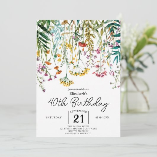 Chique Custom Wildbloemen 40e verjaardag Kaart (Staand voorkant)