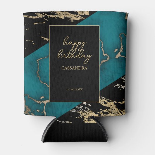 Chique Cyaan Marmer Gouden Folie Verf Textuur Verj Blikjeskoeler (Voorkant)