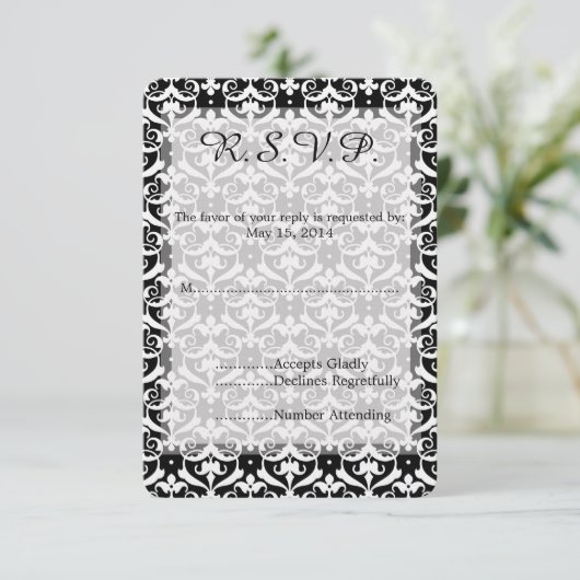 Chique Damask Bruiloft RSVP (Staand voorkant)