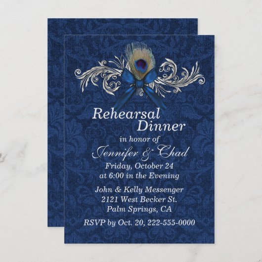 Chique Damask en Peacock Feather Bruiloft repetiti Kaart (Voorkant / Achterkant)