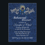 Chique Damask en Peacock Feather Bruiloft repetiti Kaart<br><div class="desc">Chique bruiloft repetitie diner uitnodiging gedaan in een blauw op blauw damast patroon. Grafieken van een elegante zilveren toon bloeien,  met blauwe boog en pauwenveer,  versiert de bovenkant van de uitnodiging. Tekst in lichtgrijs is klaar om te personaliseren voor uw speciale evenement. Bijpassende huwelijksproducten beschikbaar.</div>