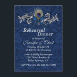 Chique Damask en Peacock Feather Bruiloft repetiti Kaart<br><div class="desc">Chique bruiloft repetitie diner uitnodiging gedaan in een blauw op blauw damast patroon. Grafieken van een elegante zilveren toon bloeien, met blauwe boog en pauwenveer, versiert de bovenkant van de uitnodiging. Tekst in lichtgrijs is klaar om te personaliseren voor uw speciale evenement. Bijpassende huwelijksproducten beschikbaar.</div>