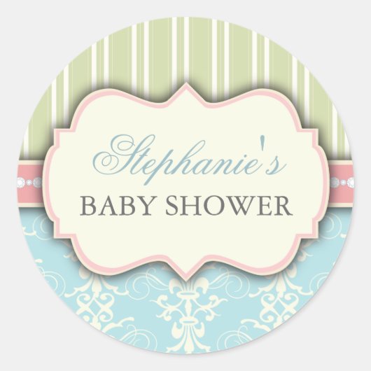 Chique Damask & Stripe Baby shower Favor Sticker (Voorkant)