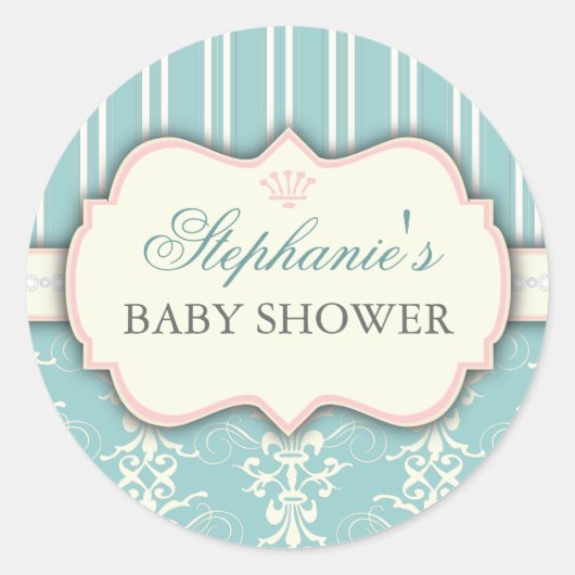 Chique Damask & Stripe Baby shower Favor Sticker (Voorkant)