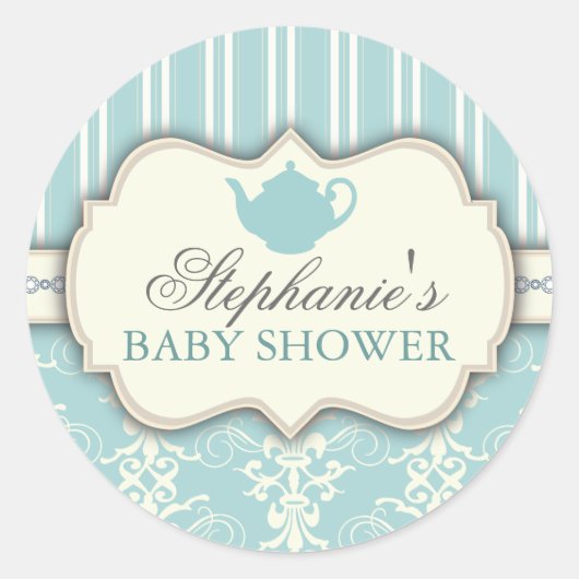Chique Damask & Stripe Baby shower Favor Sticker (Voorkant)