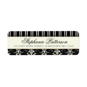 Chique Damask & Stripe Retouradreslabel   Zwart Etiket