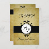 Chique Damast Vintage Monogram Trouw RSCP Kaart (Voorkant / Achterkant)