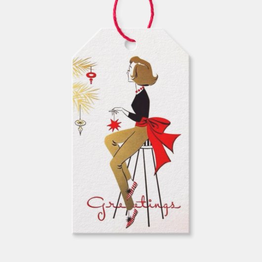 Chique dame uit de jaren 50 versiert boom cadeaulabel (Voorkant)