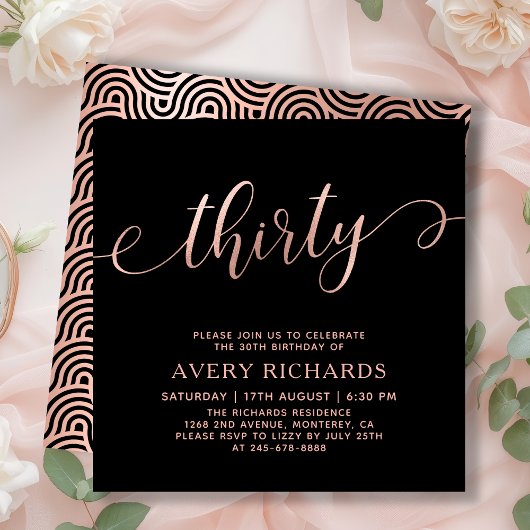 Chique Dertig Script Roos Goud Zwart 30e Verjaarda Kaart