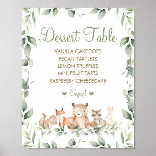 Chique dessert tafel menu met bosdieren en groenbl poster