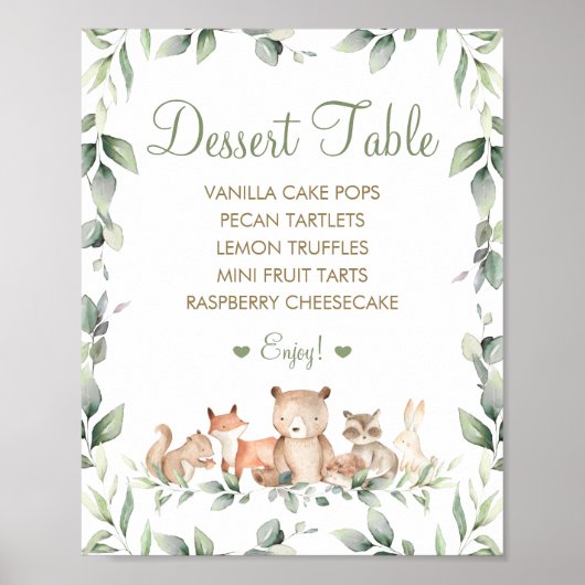 Chique dessert tafel menu met bosdieren en groenbl poster (Voorkant)