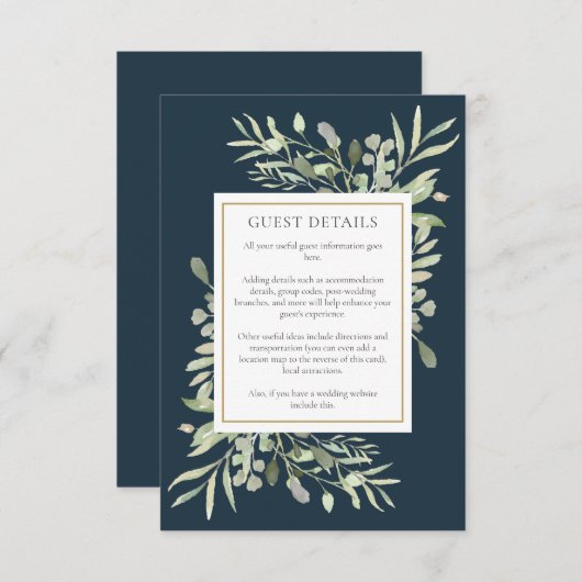 Chique diep Zee blauw groen bruiloft gast details Informatiekaartje (Voorkant / Achterkant)