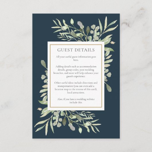Chique diep Zee blauw groen bruiloft gast details Informatiekaartje (Voorkant)