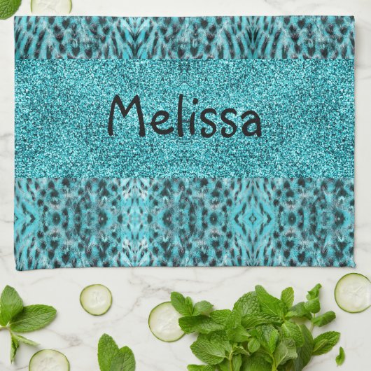 Chique dierenprint in blauw - veren en glitter theedoek (Gevouwen)