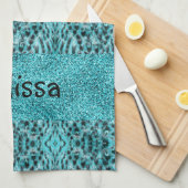Chique dierenprint in blauw - veren en glitter theedoek (Quarter Fold)