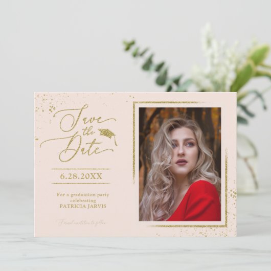 Chique diploma feestje save the date goud glitters kaart (Staand voorkant)